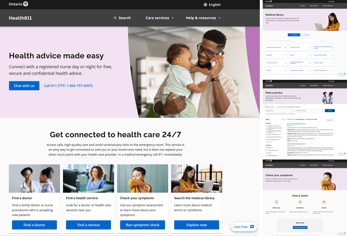 The current Health811 service listing homepage, showing options to find a doctor, find a service, check symptoms, or search the medical library